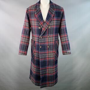 KITH Size S Royce Navy Red Beige Wool Blend Plaid Double Breasted Coat